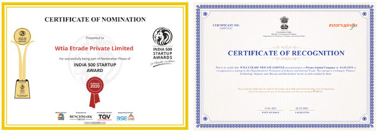 사진= 2020년 인도 500대 스타트업 대상 후보 선정 증서 및 인도 스타트업 Benefit 증서